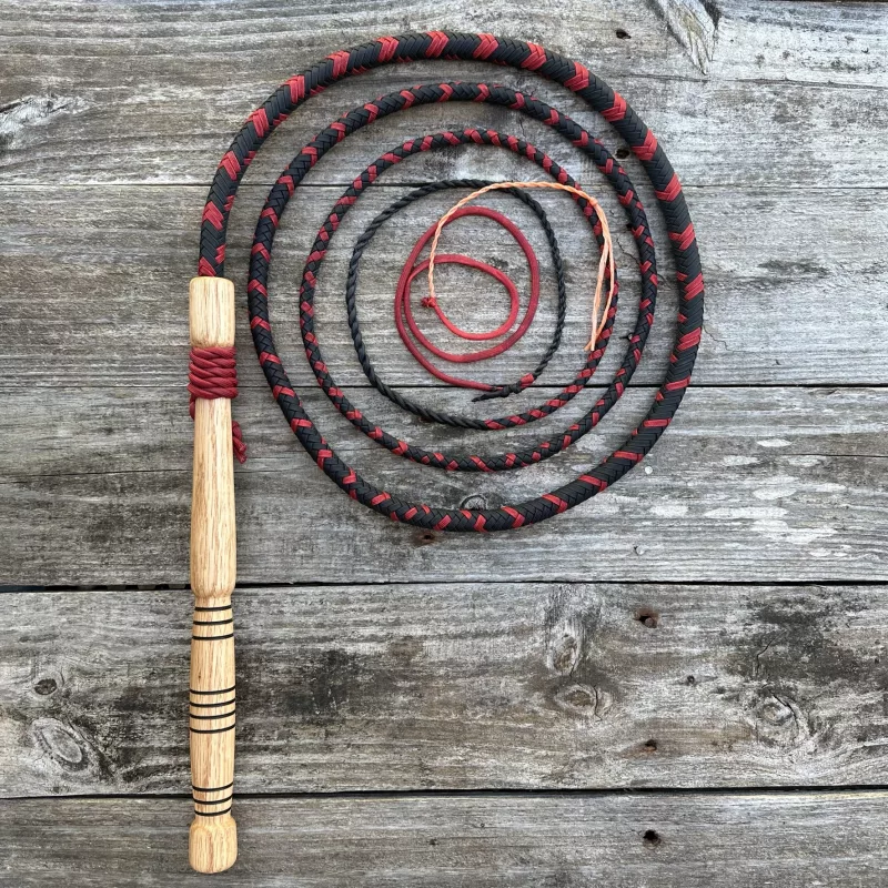 Red and black Florida cow whip with oak handle